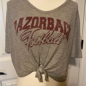 Razorback Football Crop Top Waffle Knit Shirt Gray Sz Medium Tie Knot Arkansas